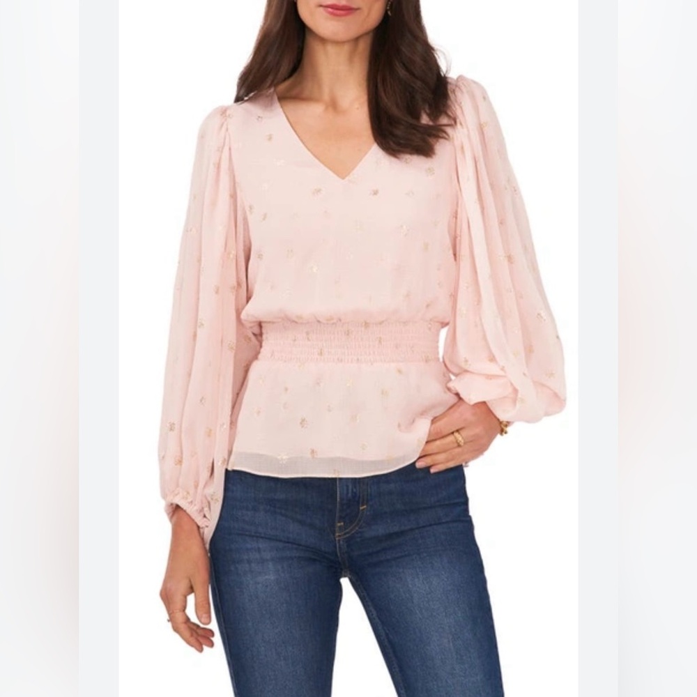 Vince Camuto Foil Dot Smock waist top in Summer Rose size Medium‎ NWT